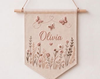 Butterfly Wildflower Baby Name Banner, Hand Embroidered Floral Linen Flag, Custom Embroidered Nursery Wall Hanging, Girl Room Decor