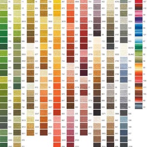 Puede incluir: Una carta de colores que muestra una amplia gama de tonos de hilo de bordar. La carta est&aacute; organizada en columnas y filas, con cada color etiquetado con un n&uacute;mero. Los colores van desde pasteles claros hasta tonos profundos y ricos.