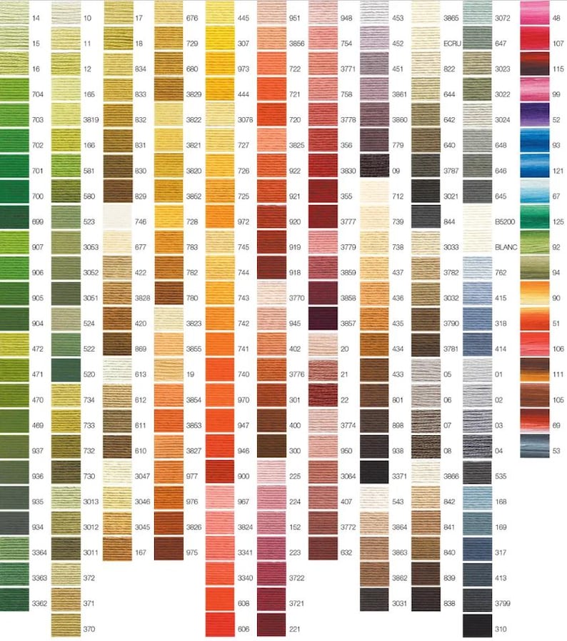Puede incluir: Una carta de colores que muestra una amplia gama de tonos de hilo de bordar. La carta est&aacute; organizada en columnas y filas, con cada color etiquetado con un n&uacute;mero. Los colores van desde pasteles claros hasta tonos profundos y ricos.