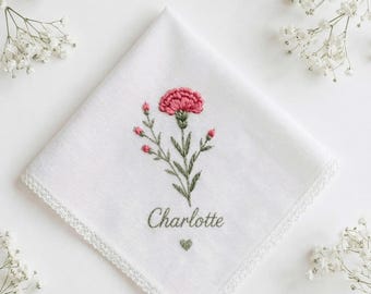 Personalized Carnation Flower Hand  Embroidered Handkerchief , Custom Name Embroidered Hankie, Carnation Lace Keepsake, custom Name Keepsake