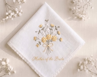 Mother Of The Bride Handkerchief, Yellow Daisy Wedding Hanky, Lace Bridal Keepsake, Hand Embroidered Mom Gift, Happy Tears Keepsake