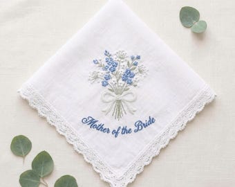 Mother Of The Bride Lace Handkerchief, Hand-Embroidered Linen Wedding, Mother Bride Floral  Keepsake, Bridegroom Gift, Wedding Handkerchief