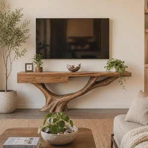 Può includere: Una console a parete realizzata in legno naturale, caratterizzata da una base a forma di tronco d'albero con rami. Il tavolo include due cassetti con sottili maniglie in metallo, posizionati sotto una superficie piana con una pianta e cornice.