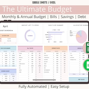 May include: A digital budget planner displayed on a tablet screen. The interface shows monthly and annual budget tracking, including bills, savings, and debt. The screen displays charts, graphs, and tables for financial organization. Text on the screen reads "The Ultimate Budget".