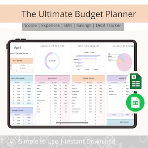 May include: A digital budget planner displayed on a tablet screen. The interface includes sections for income, expenses, bills, savings, and debt tracking. The text "The Ultimate Budget Planner" is at the top, with "Simple to Use | Instant Download" at the bottom.