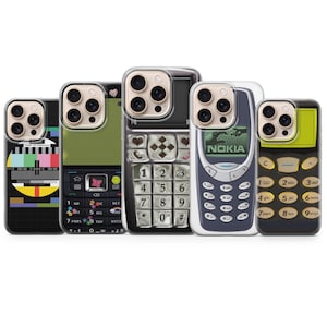 May include: A collection of five phone cases with unique designs. The cases feature various retro phone designs, including a Nokia model, a test pattern, and a keypad layout. The cases are designed to fit modern smartphones.