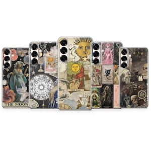 May include: Five phone cases with tarot card designs are displayed. The cases feature illustrations of the moon, sun, and other tarot cards. The cases have a variety of colours, including blue, pink, and yellow.