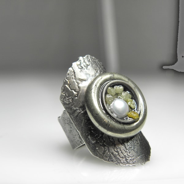 Silberring, goldener Pyritring, Statement-Ring, Skulpturenring, moderner Damenschmuck, Cocktailring, großer  Designerring, Handwerkerring