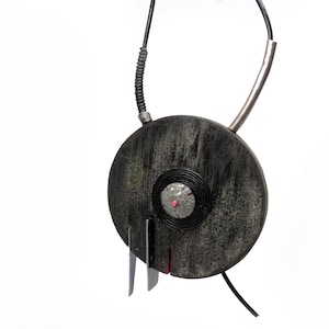 Geometric Wood Pendant Necklace: Black Sculpture Jewelry