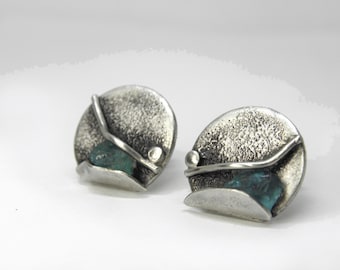 UNIQUE silver earrings with apatite, artisan jewelry, stone earrings, raw stone jewelry, green jewelry, sculpture earrings, unusual earrings