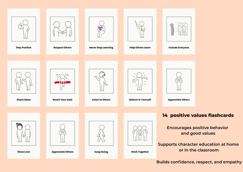 Positive Values Flashcards, Character Education, SEL Printable (14 ...