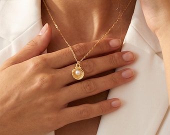 Gold Plated Pearl Shell Pendant Necklace, Dainty Seashell Necklace, Ocean Inspired Jewelry, Beach Lover Necklace, Gift for Her