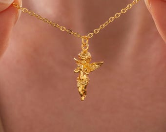 Gold Plated Tiny Angel Necklace, 3D Baby Angel Pendant, Cherub Necklace, Angel Jewelry, Protection Necklace, Gift for her, Christmas Gift