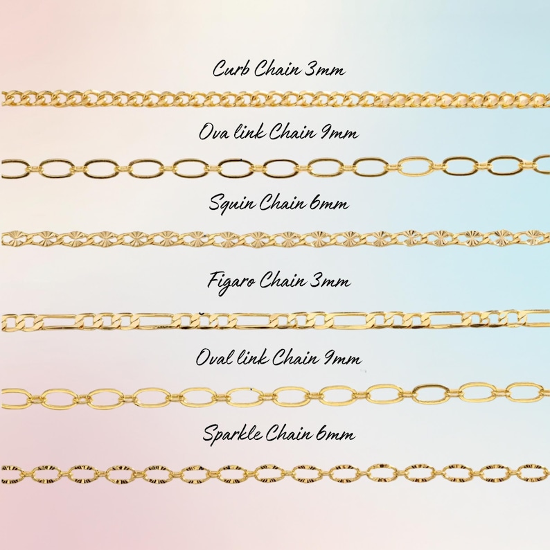 May include: A selection of gold-colored chain styles, including curb, oval link, squin, figaro, and sparkle chains. Each chain style is labeled with its name and width in millimeters, such as "Curb Chain 3mm" and "Oval link Chain 9mm".
