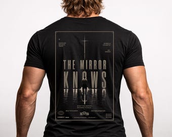 May include: Black t-shirt with a graphic design on the back. The design features the words "THE MIRROR KNOWS" above an illustration of a person reflected in water. Additional text includes "WHAT YOU REPEAT BECOMES VISIBLE."