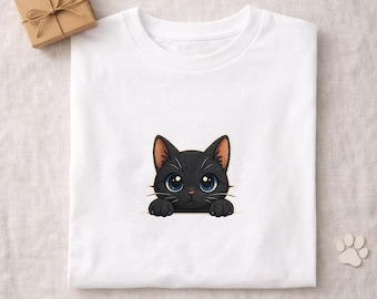 Black Cat Peek T-Shirt, Minimalist Cat Mom Tee