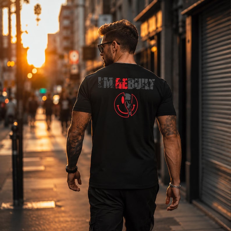 Puede incluir: Una camiseta negra de manga corta con el texto I'M REBUILT en letras grises y rojas en la parte superior de la espalda. Debajo del texto hay un gr&aacute;fico circular de una cara sonriente roja parcialmente dividida que revela un dise&ntilde;o de calavera.
