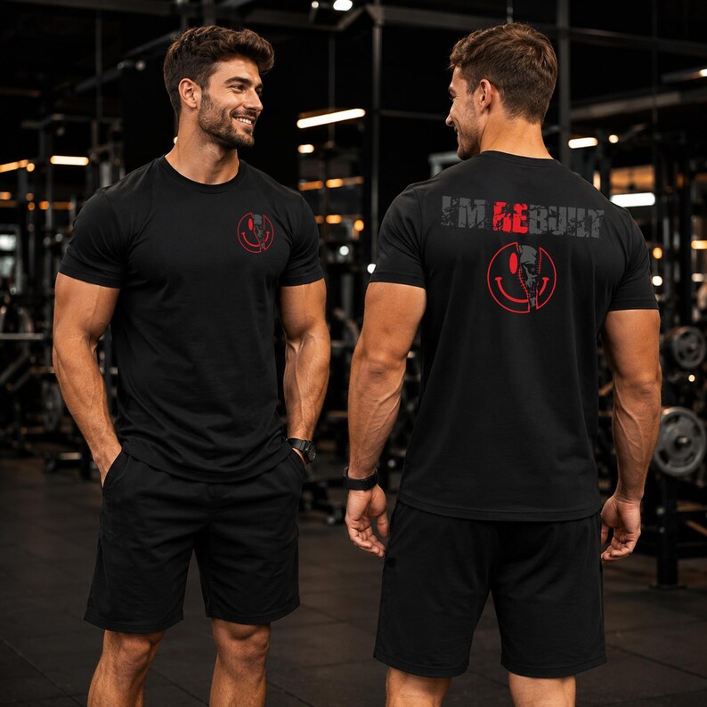 Puede incluir: Una camiseta negra de manga corta con un peque&ntilde;o gr&aacute;fico de cara sonriente roja en el pecho izquierdo. La parte posterior muestra el texto I'M REBUILT en gris y rojo, junto a un gran gr&aacute;fico de cara sonriente roja con un dise&ntilde;o de calavera.
