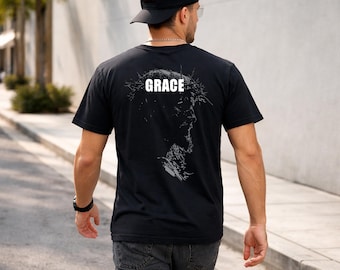 グレース信仰に基づいたストリートウェアTシャツ - クリスチャンバックプリントTシャツ、ミニマルなイエスデザインシャツ、ユニセックスの宗教的ストリートウェア、意味のあるギフト