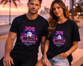 May include: Black t-shirts with a vibrant graphic featuring the number "305", a full moon, palm trees, and a city skyline. The text "Miami Nights" and "Built in Heat" are also included in the design.