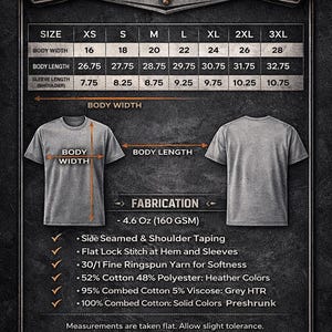 Puede incluir: Una gu&iacute;a de tallas para camiseta unisex con una tabla de medidas en pulgadas para tallas de XS a 3XL. El gr&aacute;fico muestra una camiseta gris con flechas que indican el ancho y largo del cuerpo, adem&aacute;s de una lista de detalles de fabricaci&oacute;n.
