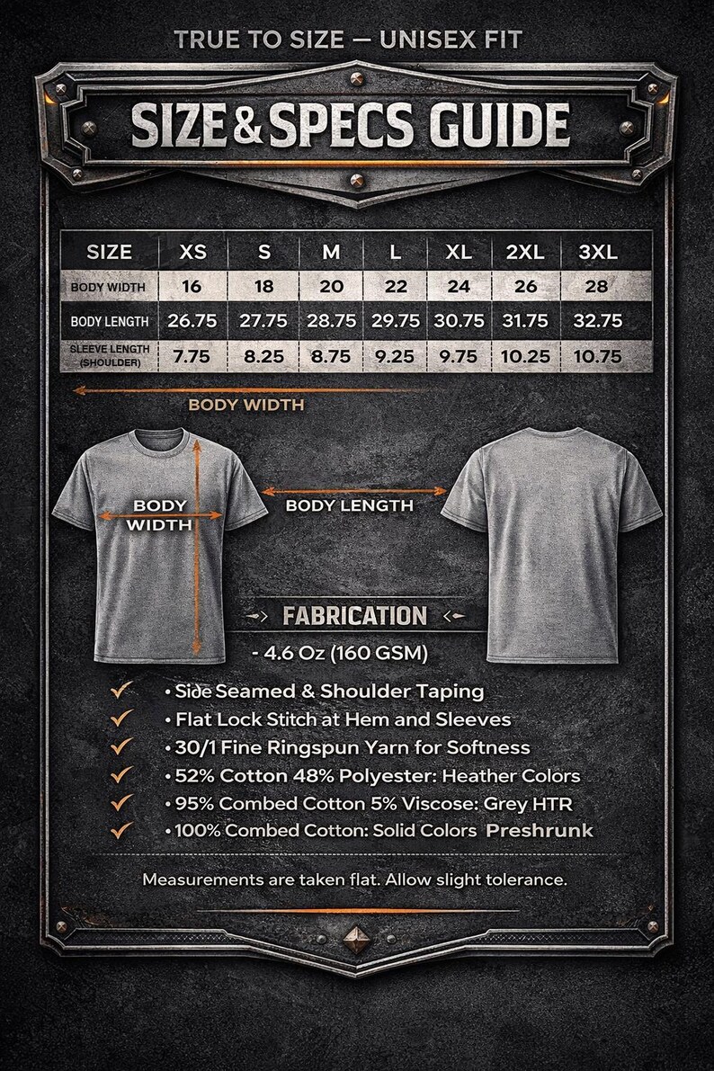 Puede incluir: Una gu&iacute;a de tallas para camiseta unisex con una tabla de medidas en pulgadas para tallas de XS a 3XL. El gr&aacute;fico muestra una camiseta gris con flechas que indican el ancho y largo del cuerpo, adem&aacute;s de una lista de detalles de fabricaci&oacute;n.