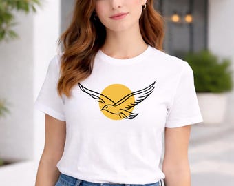 Minimalistisch T-shirt met vogel en zon – uniseks shirt met abstracte lijntekeningen