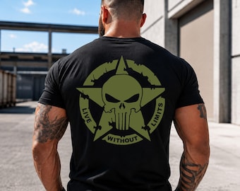 Camiseta táctica de gimnasio con calavera patriótica "Vive sin límites" para motociclistas y veteranos.