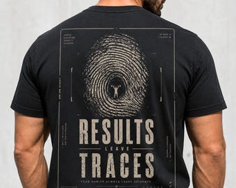 May include: Black t-shirt with a large fingerprint design and the words "RESULTS LEAVE TRACES" in a bold, vintage font. The shirt also features additional text and a small graphic of a weightlifter.