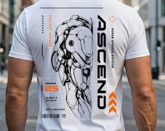 Puede incluir: Camiseta blanca con un diseño futurista en la espalda. El diseño presenta una ilustración detallada en blanco y negro de un brazo robótico y la palabra "ASCEND" en letras negras en negrita. Texto adicional incluye "PROJECT ASCEND" y "HUMAN UPGRADE DIVISION".