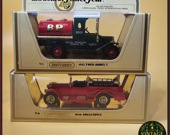 Colección Matchbox Modelos del Ayer: Camión cisterna Ford Modelo T BP, camión de bomberos Rolls Royce