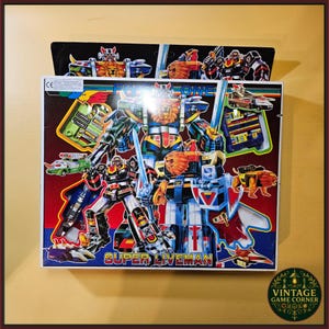 May include: A rectangular toy packaging box for Super Liveman featuring colorful illustrations of various robot figures, vehicles, and a lion-headed character. The box displays the text Five in One and Super Liveman in bold, stylized lettering.