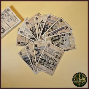 May include: A deck of vintage playing cards with illustrations and text, including "KNAVE" on the box. The cards are fanned out, displaying various scenes and numbers. The text "The Seaver Bishops poing to the Tower" is visible on one card.