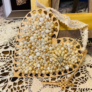 Handmade Heart Ornament, Knob Tassel, Embellished with Pearls, Jewelry Collage Art, Wall Art Decor