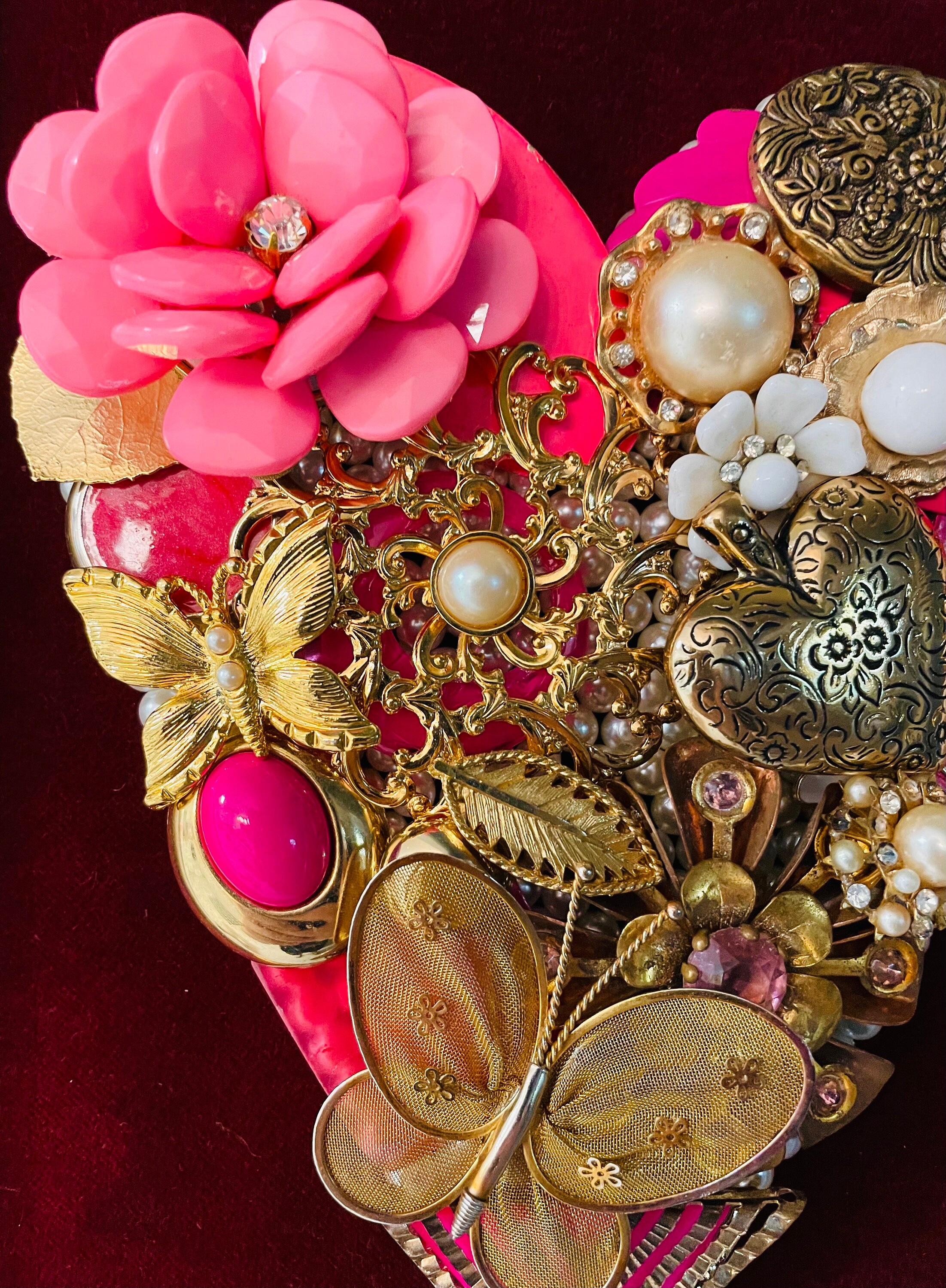 Beautiful Vintage Jewelry Framed Art Handmade Heart, Collage Art, Wall