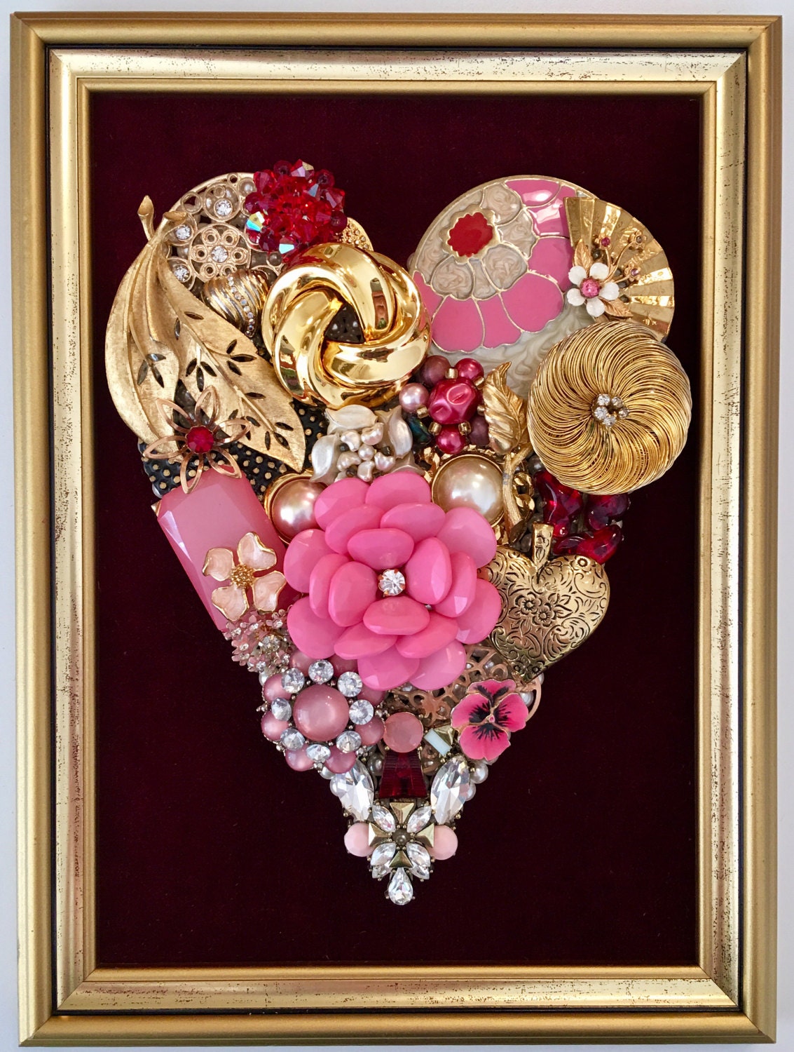 Beautiful Vintage Jewelry Framed Art Handmade Heart, Collage Art, Wall