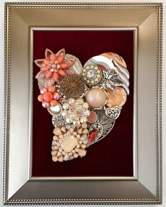 Beautiful Vintage Jewelry Framed Art Handmade Heart, Collage Art