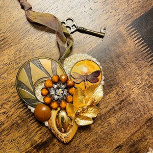 Beautiful Vintage Jewelry Art Handmade Dragonfly Heart Ornament, Knob Tassel, Collage Art, Wall Art Decor