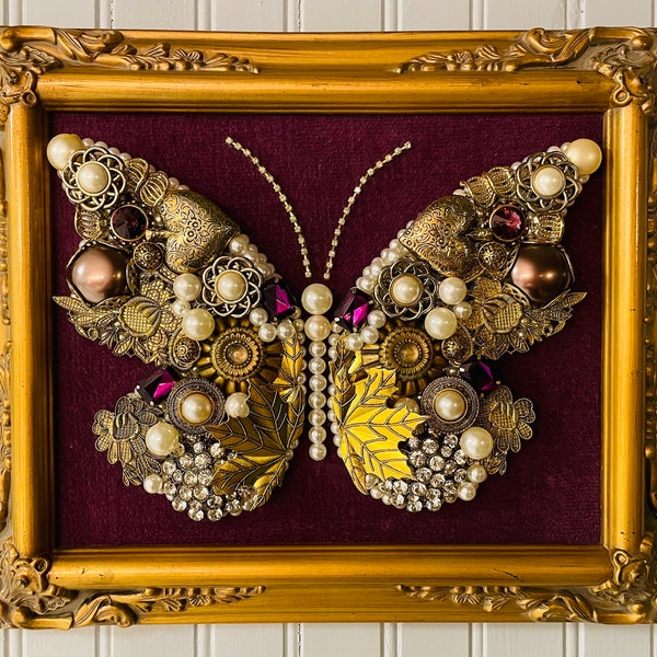 Beautiful Vintage Jewelry Framed Art Handmade Butterfly, Collage Art, Wall Art Decor, One of a Kind Gift, Artwork