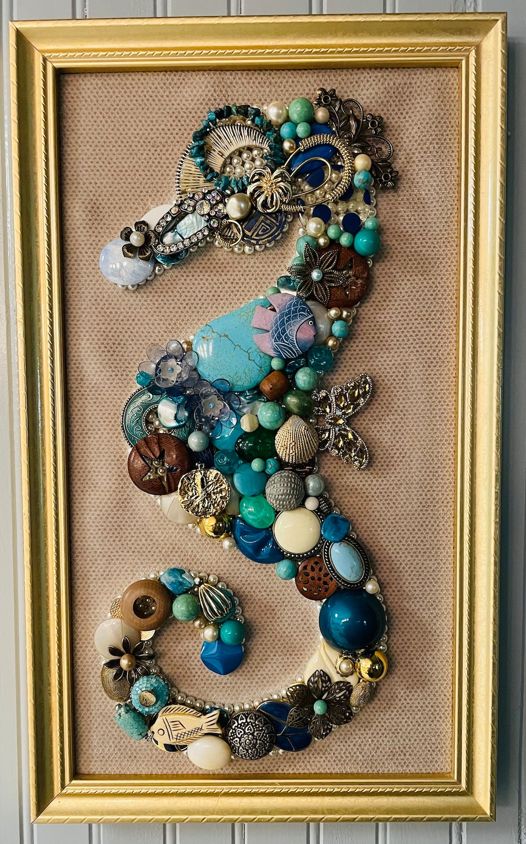 Beautiful Vintage Jewelry Framed Art Handmade Seahorse, Collage Art