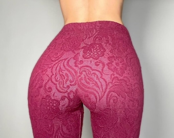 Vintage Plum Textured Spring Leggings | Y2K Floral High-Waist Workout Tights | USA-Made Athleisure