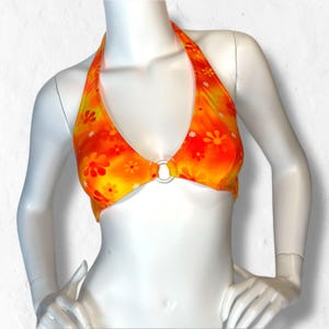 1990s Vintage Orange Crush Bikini Top | Deadstock Y2K Floral Halter Bralette | White O-Ring Detail | USA Made | Medium A-B Cup