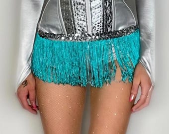 Minifalda con lentejuelas y flecos verde azulado Y2K, talla XS/PEQUEÑA, stock vintage muerto
