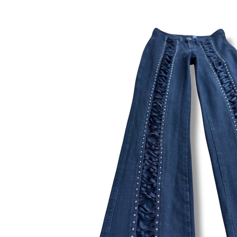 Y2K Low-Rise Lace-Up Bootcut Jeans XS Stretch Denim Cutout Rhinestone McBling Vintage Pants image 4
