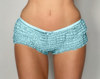 Y2K Low Waisted Sheer Lacey Blue Ruffle Bloomers | Coquette Cheeky Lingerie Booty Shorts