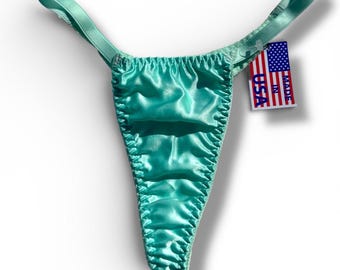 90s Seafoam Satin Thong Deadstock Y2K Whale Tail Ruched Vintage Lingerie USA Made Low-Rise