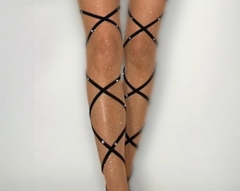 Diamanté Crystal Embellished Black Garter Leg Wrap Set | Festival Accessory