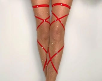 Diamanté Crystal Embellished Red Garter Leg Wrap Set | Festival Cosplay Accessory