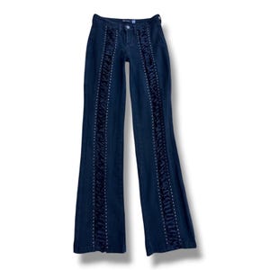 Y2K Low-Rise Lace-Up Bootcut Jeans XS Stretch Denim Cutout Rhinestone McBling Vintage Pants image 3