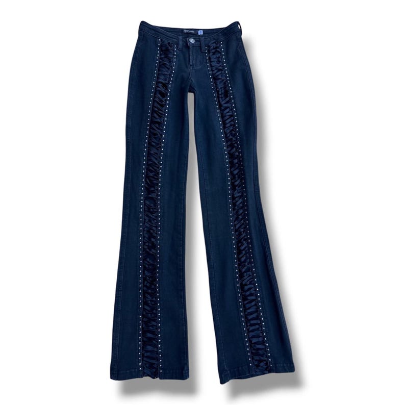 Y2K Low-Rise Lace-Up Bootcut Jeans XS Stretch Denim Cutout Rhinestone McBling Vintage Pants image 3